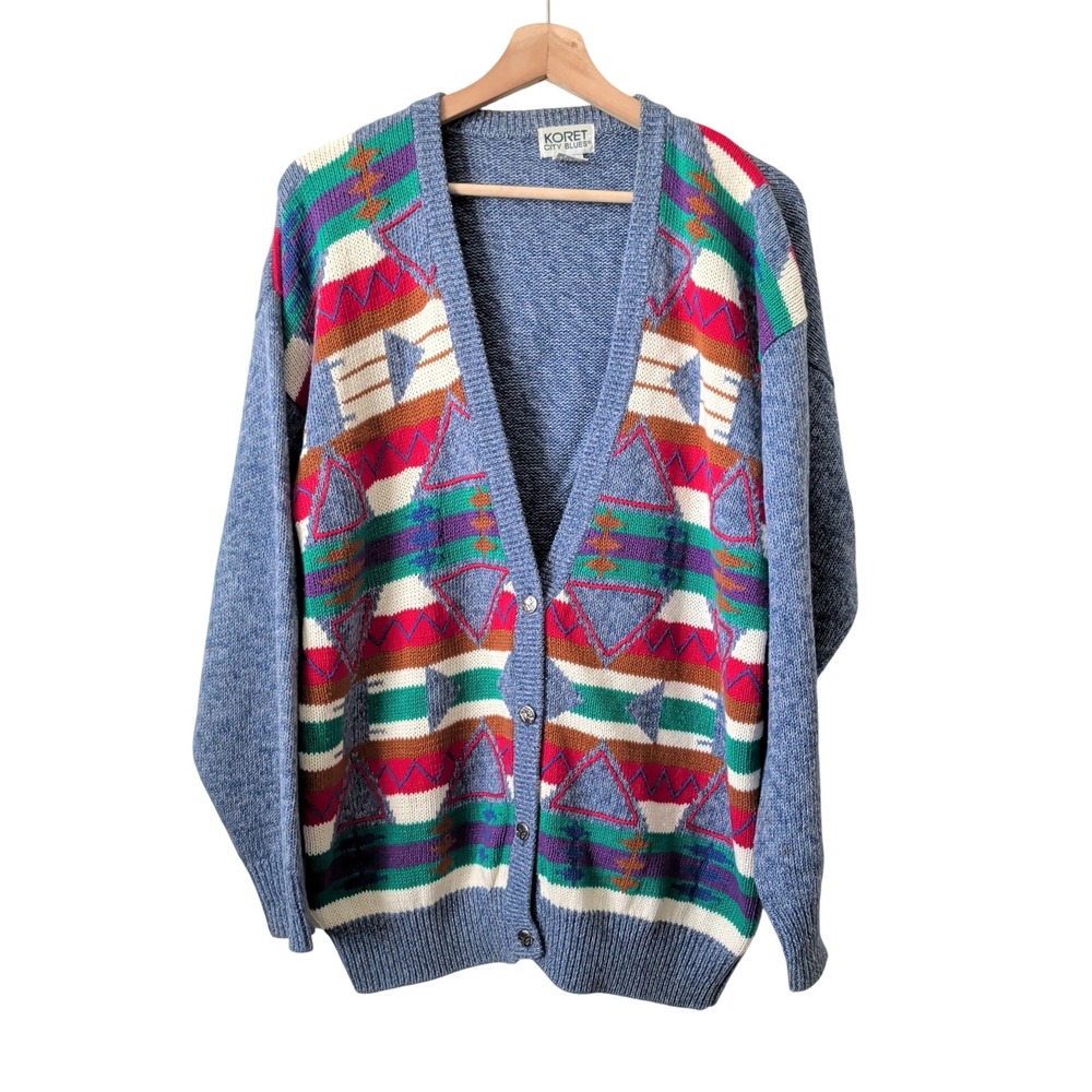 Vintage Southwestern Geometric Cardigan Blue Oversized Medium Tribal Southern
